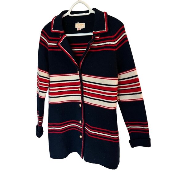 Vintage Lambswool Cardigan Sweater Hand Loomed Striped Navy Red White Sz M - Picture 3 of 7